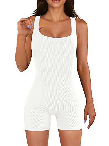 AIBIANOCEL Damen Sommer Gerippt Ärmellos Tank Bodycon Strampler Kurz Yoga Jumpsuit Catsuit Playsuit, Weiss/opulenter Garten, Small von AIBIANOCEL