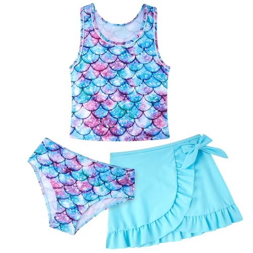 AIDEAONE Badeanzüge für Mädchen Kinder Tankini entzückende Dreiteiliges Set mit Blaue Meerjungfrau Boden Bademode 5-6 Jahre, Größenetikett 6T von AIDEAONE