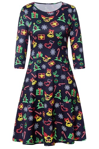 AIDEAONE Damen Weihnachten Elegant Kleid Kostüm Langarm A-Linie Weich Kleid Lustig Druck Schwarz,M von AIDEAONE