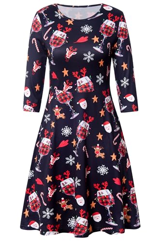 AIDEAONE Damen Weihnachten Elegant Kleid Kostüm Langarm A-Linie Weich Kleid Lustig Druck Schwarz,M von AIDEAONE