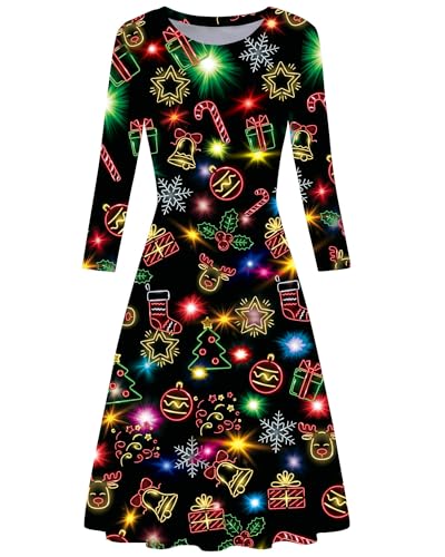 AIDEAONE Damen Weihnachten Kleid 3/4 Ärmel Midi Weich Swing-Kleid Lustig Druck Schwarz,S von AIDEAONE