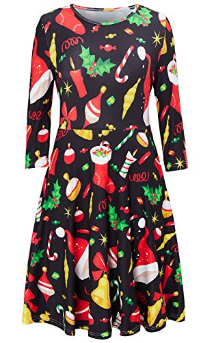AIDEAONE Damen Weihnachten Kleid 3/4 Ärmel Witziges Weihnachtskleid Lustig Druck Schwarz von AIDEAONE