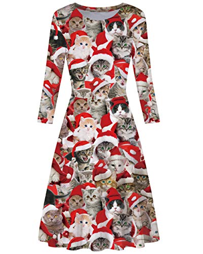 AIDEAONE Damen Weihnachten Kleid 3/4 Ärmel Witziges Weihnachtskleid Lustig Katze Druck von AIDEAONE
