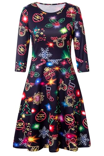 AIDEAONE Damen Weihnachten Kleid 3/4 Ärmel Witziges Weihnachtskleid Swing-Kleid Lustig Druck,XL von AIDEAONE