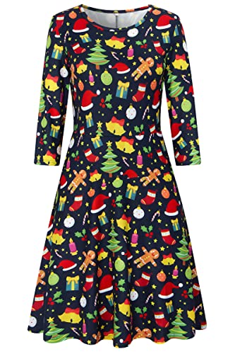 AIDEAONE Damen Weihnachten Kleid Kostüm Langarm Midi Weich Kleid Lustig Druck von AIDEAONE