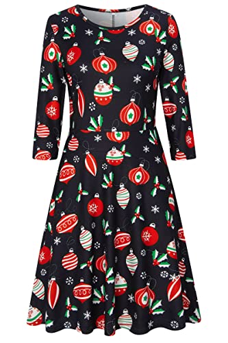 AIDEAONE Damen Weihnachten Kleid Kostüm Langarm Midi Weihnachtskleider Lustig Druck von AIDEAONE