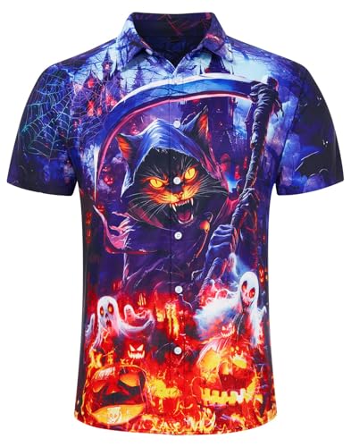 AIDEAONE Halloween Hemd Herren Halloween Party Kurzarmhemd Verrückte Katze Druck Hemden Männer Button-Down Hemd XL von AIDEAONE