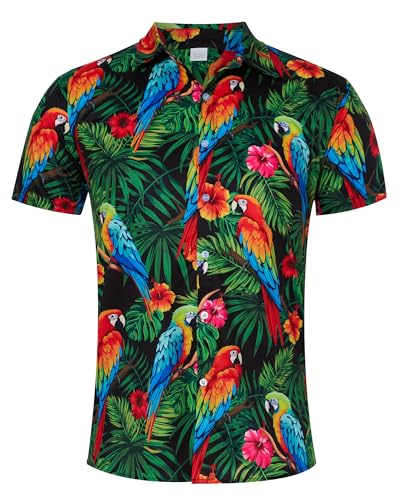 AIDEAONE Hawaii Hemd Herren Aloha Lustig Knopf Hemd Kurzarm Urlaub Beach Style Papagei,M von AIDEAONE