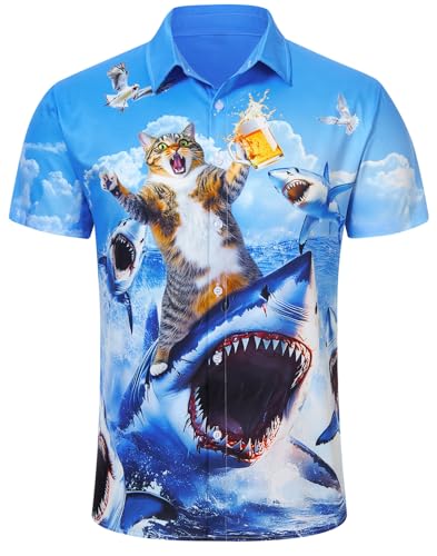 AIDEAONE Hemd Herren Lässig Alltagskleidung Kurzarmhemd Hai Katze Druck Hemden Männer Button-Down Hemd XXL von AIDEAONE