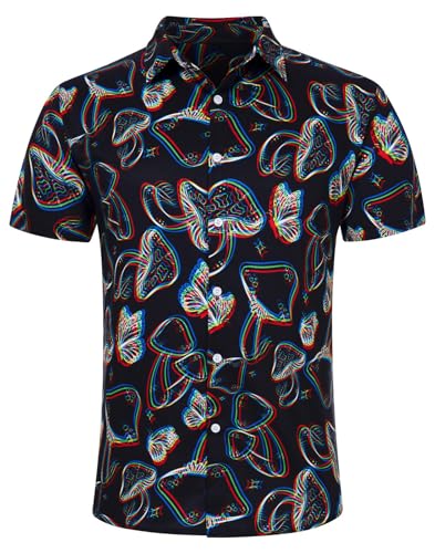 AIDEAONE Hemd Herren Lässig Alltagskleidung Kurzarmhemd Magic Mushrooms Druck Hemden Männer Button-Down Hemd XL von AIDEAONE