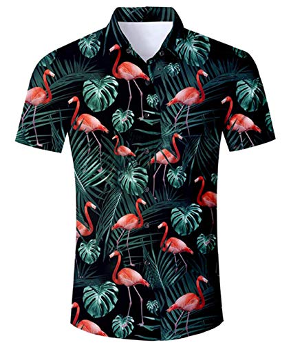 AIDEAONE Herren Aloha Hawaiihemden Flamingo Hemden Kurzarm Knopf Hemd Schwarz von AIDEAONE