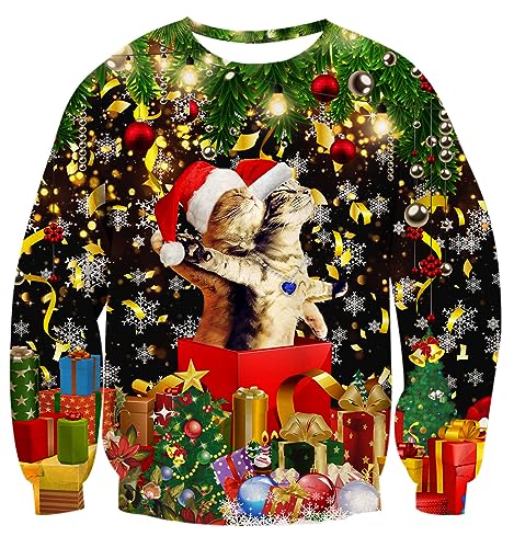 AIDEAONE Herren Damen Weihnachten Cool Katze Jumper Langarm T-shirt Schwarz von AIDEAONE