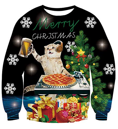 AIDEAONE Herren Damen Weihnachten Cool Katzen Jumper Schwein Langarm T-Shirt Schwarz von AIDEAONE