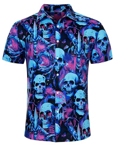 AIDEAONE Herren Halloween Hemd Lustig Kurzarmhemd Halloween Schädel Druck Hemden Männer Hemd mit Button-Down XXL von AIDEAONE