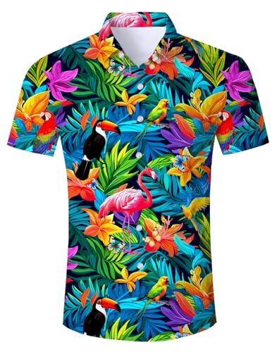 AIDEAONE Herren Hawaii Hemd Kurzarm Tropisch Hemden Lässig Knopf Hemd Flamingo von AIDEAONE
