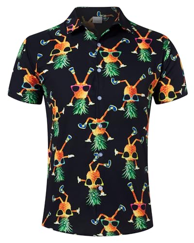 AIDEAONE Herren Hawaiihemden Hemden Kurzarm Knopf Sommer Hemd mit Katze Ananas,L von AIDEAONE