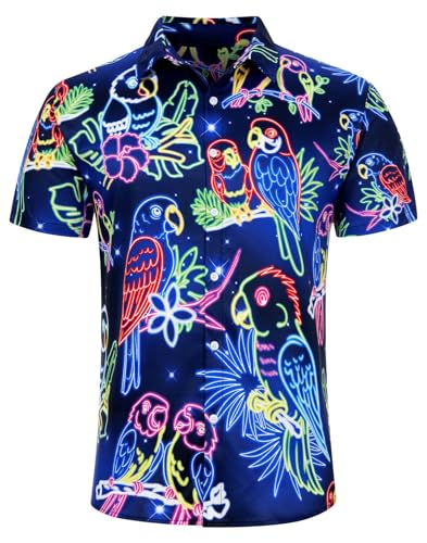 AIDEAONE Herren Hemd Lustig Kurzarmhemd Neonpapagei Druck Hemden Alltagskleidung Hemd mit Button-Down L von AIDEAONE