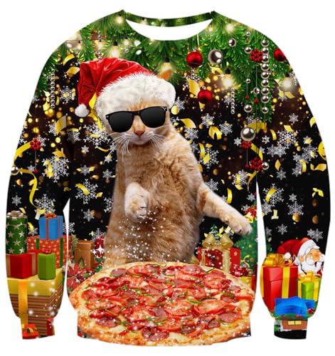 AIDEAONE Herren Lustig Weihnachten Langarm T-Shirt Weihnachtspulli Katze Sweatshirt von AIDEAONE