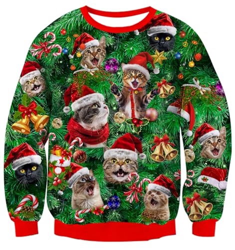 AIDEAONE Herren Lustig Weihnachten Langarm T-Shirt Weihnachtspulli Katze Sweatshirt von AIDEAONE