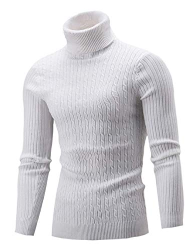 AIDEAONE Herren Rollkragen Turtleneck Strickpullover Stehkragen Pullover Sweater Warme Basic Feinstrick Rollkragenpullover Weiß von AIDEAONE