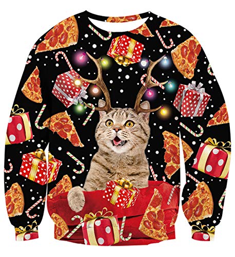 AIDEAONE Herren Weihnachten Lustige 3D Katze Jumper Langarm Sweatshirt Schwarz von AIDEAONE