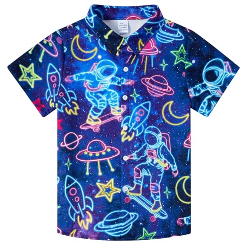 AIDEAONE Jungen Hemd Kurzarm Freizeit Hemden Neon Astronaut Bedrucktes Hemden Party Hemd für Kinder 7-8 Jahre von AIDEAONE