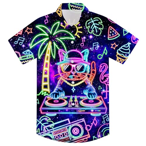 AIDEAONE Jungen Hemd Kurzarm Freizeit Hemden Neon DJ Cat Bedrucktes Hemden Party Hemd für Kinder 11-12 Jahre von AIDEAONE