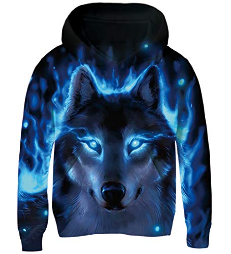 AIDEAONE Jungen Kapuzenpullover Wolf Hoodie Sweatshirt Kinder 5-6 Jahre(M) Blau von AIDEAONE