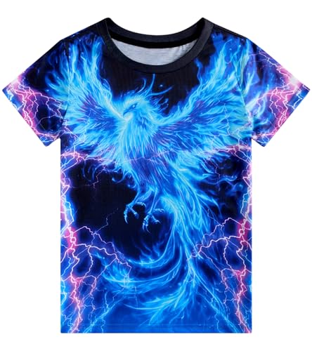 AIDEAONE Jungen T-Shirts Sommer Tops Bunt Drucken Lustig Kinder T-Shirt 13-14 Jahre,Blauer Phönix,L von AIDEAONE