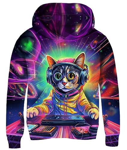 AIDEAONE Kinder Hooded Pullover Jungen 3D Fleece Hoodies Mädchen Bunt DJ Cat Drucken Hoodie Boys Girls Tägliches Tragen Sweatshirt 14-16 Jahre 3XL von AIDEAONE