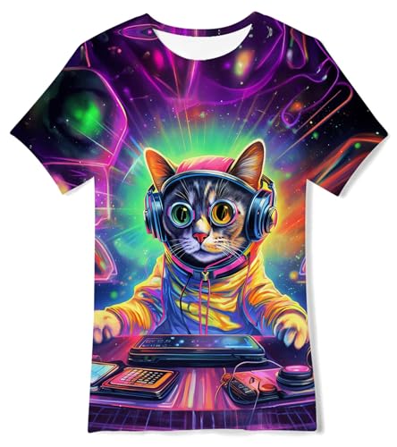 AIDEAONE Kinder Jungen T-Shirts Sommer Tops Bunt Drucken Lustig T-Shirt 13-14 Jahre,DJ Katze,L von AIDEAONE