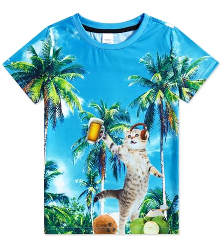 AIDEAONE Kinder Jungen T-Shirts Sommer Tops Bunt Drucken Lustig T-Shirt 13-14 Jahre,Hawaiianische Katze,L von AIDEAONE