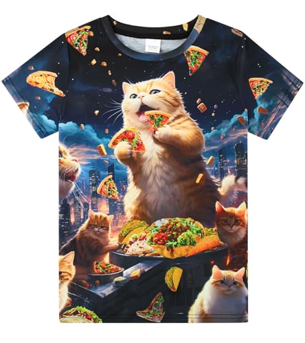 AIDEAONE Kinder Jungen T-Shirts Sommer Tops Bunt Drucken Lustig T-Shirt 15-16 Jahre,Pizza und Katzen,XL von AIDEAONE