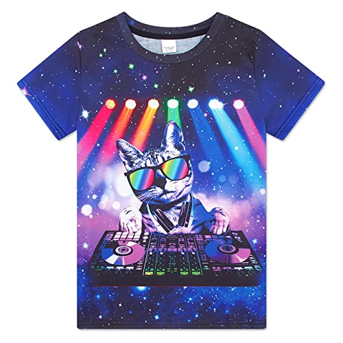 AIDEAONE Kinder Jungen T-Shirts Sommer Tops Bunt Drucken T-Shirt 13-14 Jahre,DJ Katze,L von AIDEAONE