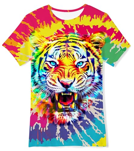 AIDEAONE Kinder Jungen T-Shirts Sommer Tops Bunt Drucken T-Shirt 13-14 Jahre,Krawattenfarbe Tiger,L von AIDEAONE