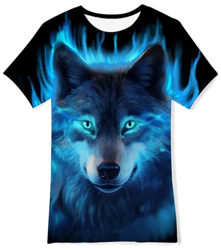 AIDEAONE Kinder Jungen T-Shirts Sommer Tops Wolf 3D Drucken T-Shirt 9-12 Jahre,M von AIDEAONE