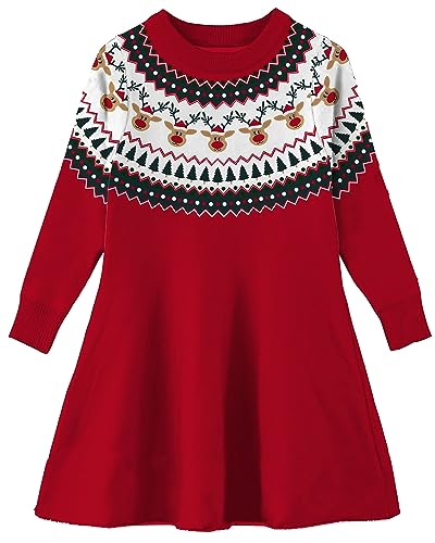 AIDEAONE Mädchen Weihnachts Strickkleid X-Mas Pullover Kleid Rot Weihnachtskleid,8-9 Jahre,XL von AIDEAONE
