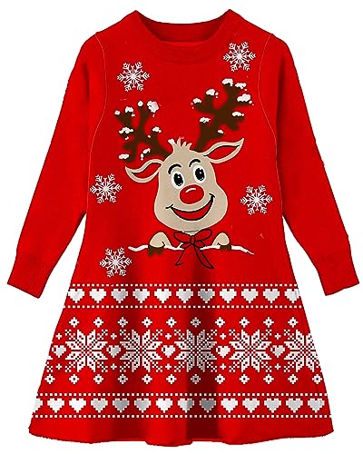 AIDEAONE Mädchen Weihnachts Strickkleid X-Mas Rentier Pullover Kleid Rot Weihnachtskleid,XL von AIDEAONE