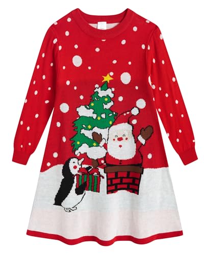 AIDEAONE Mädchen Weihnachts Strickkleid X-Mas Weihnachtsmann Pullover Kleid Rot Weihnachtskleid,8-9Jahre,XL von AIDEAONE