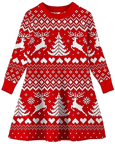 AIDEAONE Mädchen Weihnachtskleid Weihnachts Strickkleid X-Mas Rentier Pullover Kleid Rot von AIDEAONE