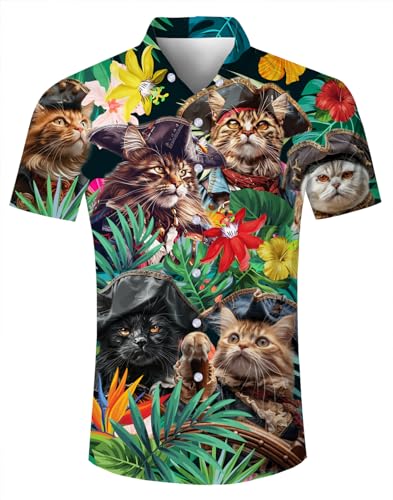 AIDEAONE Männer Hawaii Bekleidung Herren Knopf Hemd Urlaub Hemd Plus Größe Katze,XXL von AIDEAONE