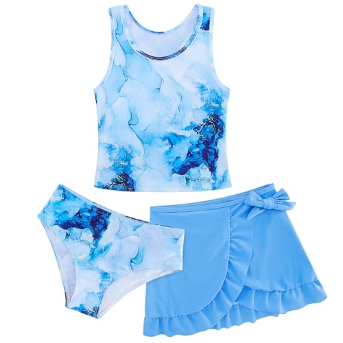 AIDEAONE Tankini Badeanzüge für Mädchen Kinder entzückende Dreiteiliges Set Fantasieblau Bademode 6-7 Jahre Kinder Bikini mit Rock von AIDEAONE