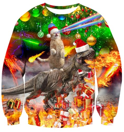 AIDEAONE Weihnachten Pullover Herren Damen Neuheit Langarm T-Shirt Katze Dinosaurier Sweatshirt von AIDEAONE