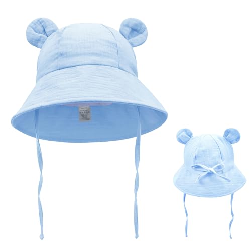 AIDIER Baumwolle Baby Sonnenhut mit Süßer Bärenohren 6-48 Monate Jungen Mädchen UV Schutz Sommerhut mit Verstellbarem Kinnriemen Bucket Hut Fischerhut von AIDIER