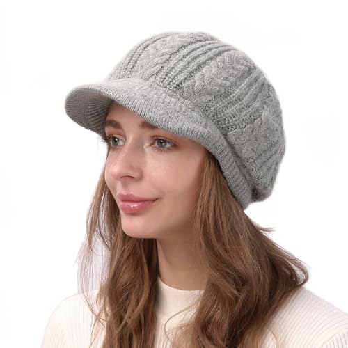 AIDIER Damen Winter Warme Strickmütze mit Visier Krempe Baskenmütze mit Weichem Dickes Gefütterte Klassisch Gehäkelte Mütze Frauen Strick Ballonmütze Slouchy Wintermütze Fleece Mütze für Damen von AIDIER