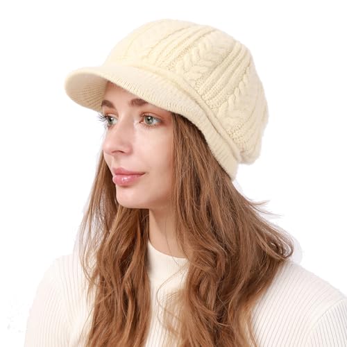 AIDIER Damen Winter Warme Strickmütze mit Visier Krempe Baskenmütze mit Weichem Dickes Gefütterte Klassisch Gehäkelte Mütze Frauen Strick Ballonmütze Slouchy Wintermütze Fleece Mütze für Damen von AIDIER