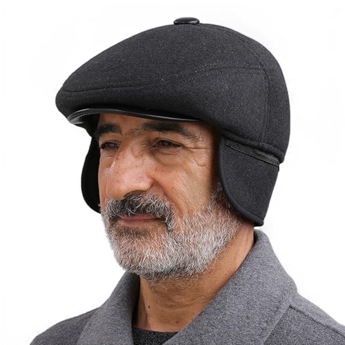 Herren Winter Schiebermütze mit Ohrenklappen Warme Newsboy Flatcap Gatsby Schirmmütze Baskenmützen Winddicht Wollmischung Ivy Caps Winter Schirmmütze Fahrermütze Jagd Flat Hats Duckbill Cap für Ältere von AIDIER