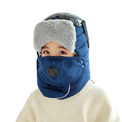 Wintermütze für Kinder, Skimütze mit Ohrenklappe, Mundschutz, Schutzbrille für Jungen und Mädchen, Thermofell-Trapper, Hüte, Trooper-Mützen, winddicht, blau, One size von AIDIER