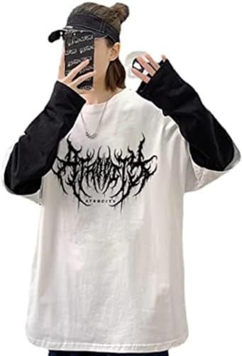 AIDISEN Goth Shirt Fake Zweiteilige Alternative Kleidung Retro Baggy Langarm Top Garbage T-Shirts, Weiss/opulenter Garten, L von AIDISEN