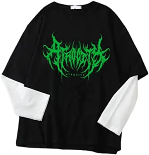 AIDISEN Goth Shirt Goth Shirt Fake Zweiteilige Alternative Kleidung Retro Baggy Goth Langarm Top Garbage Goth T-Shirts, Grün , XL von AIDISEN